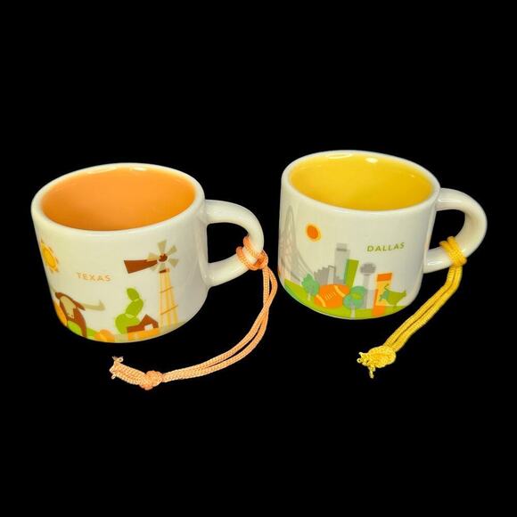 Starbucks Ornaments Dallas Texas Demitasse Coffee Cups 2 oz Set of Two Boxed New - Picture 1 of 11